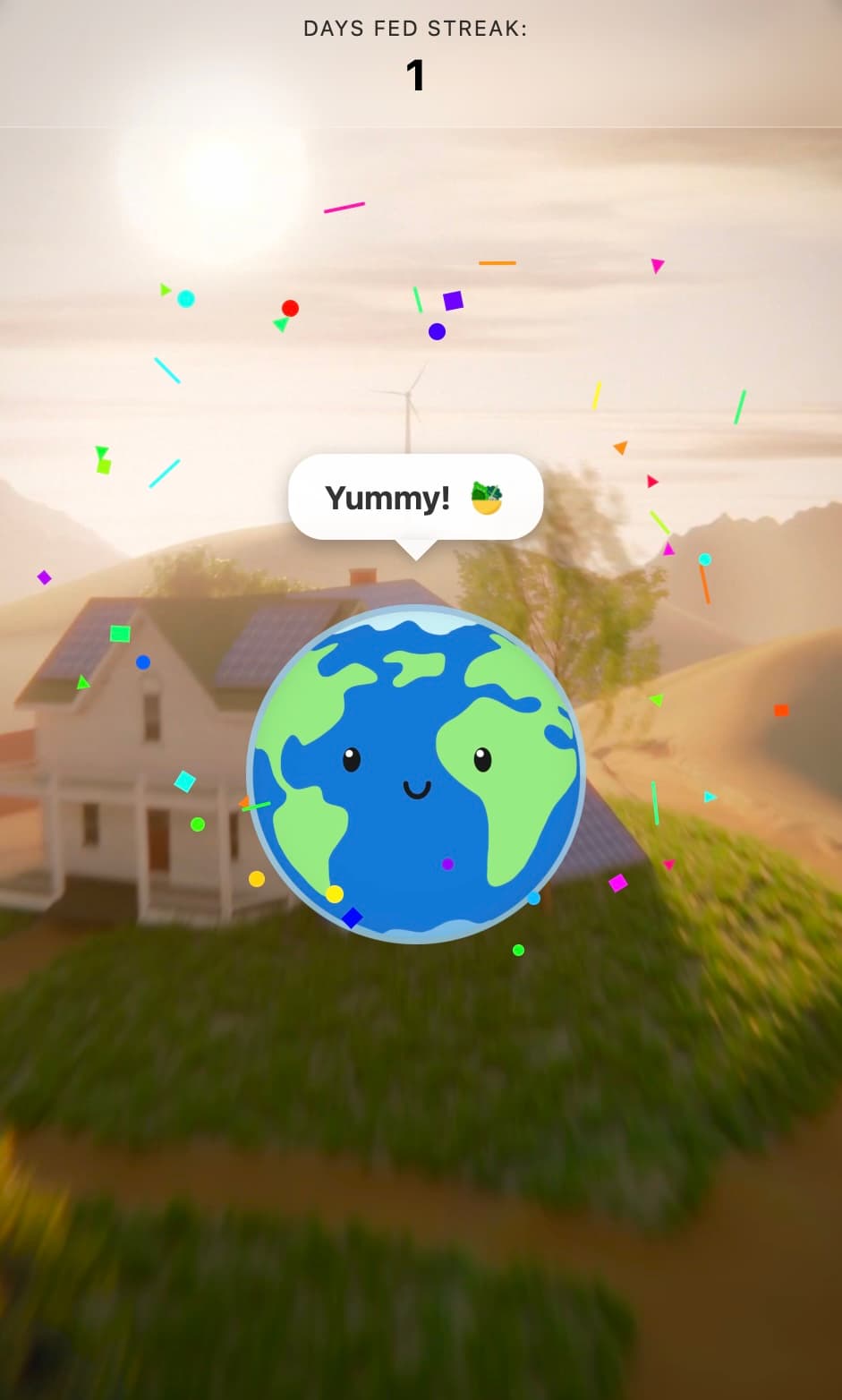 Earthygotchi game screenshot showing the virtual pet Earth character